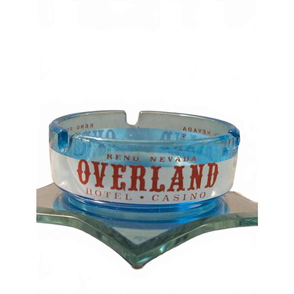 Vintage Overland Hotel & Casino Reno Nevada Blue Glass Ashtray